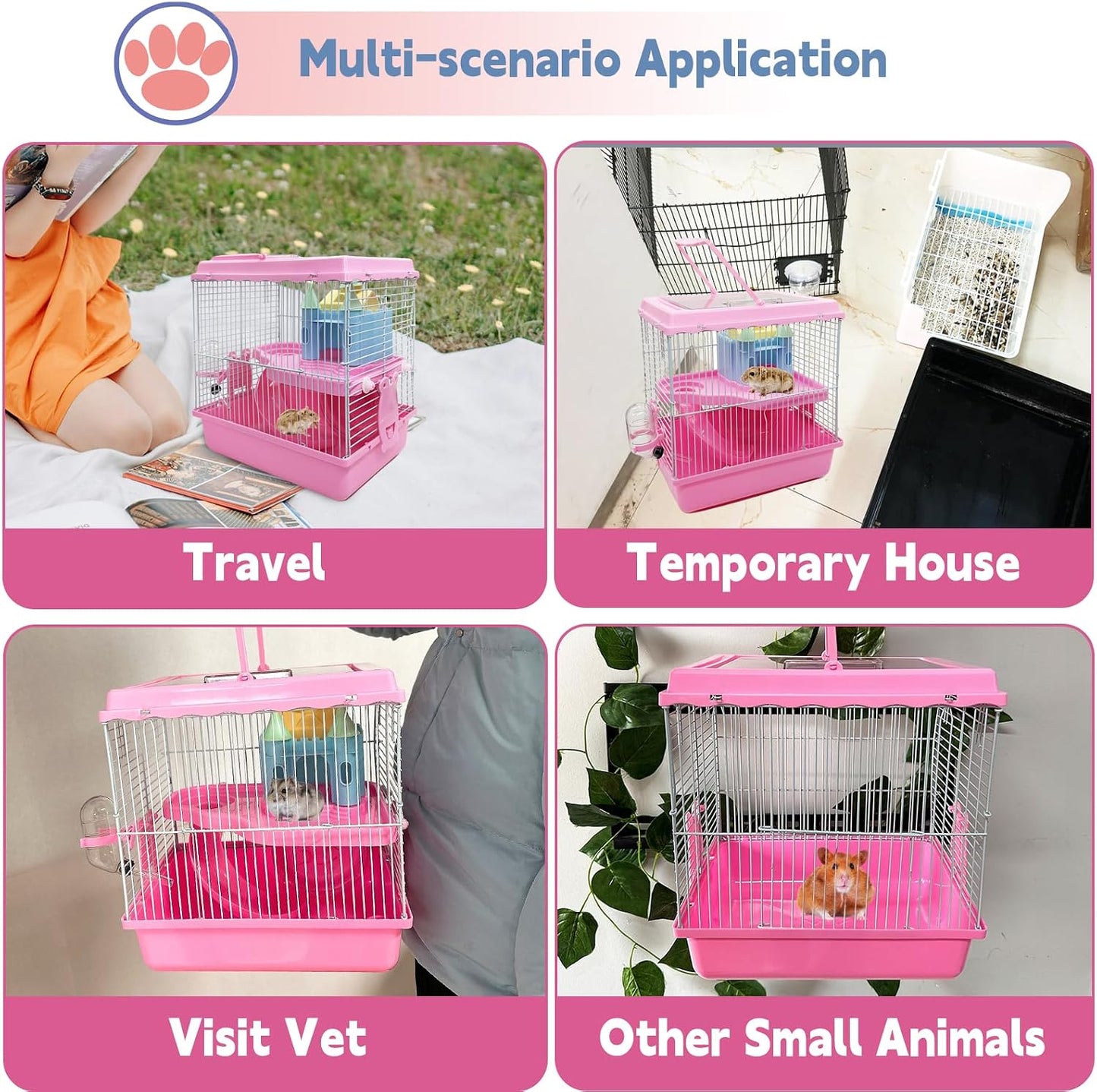 Tfwadmx Hamster Carrier, Dwarf Hamster Travel Cage, Portable Cages with Water Bottle, Gerbil Travel Carry Case Outdoor Vacation House for Small Mice(Pink,10.6"x8"x11.4") - Image 5