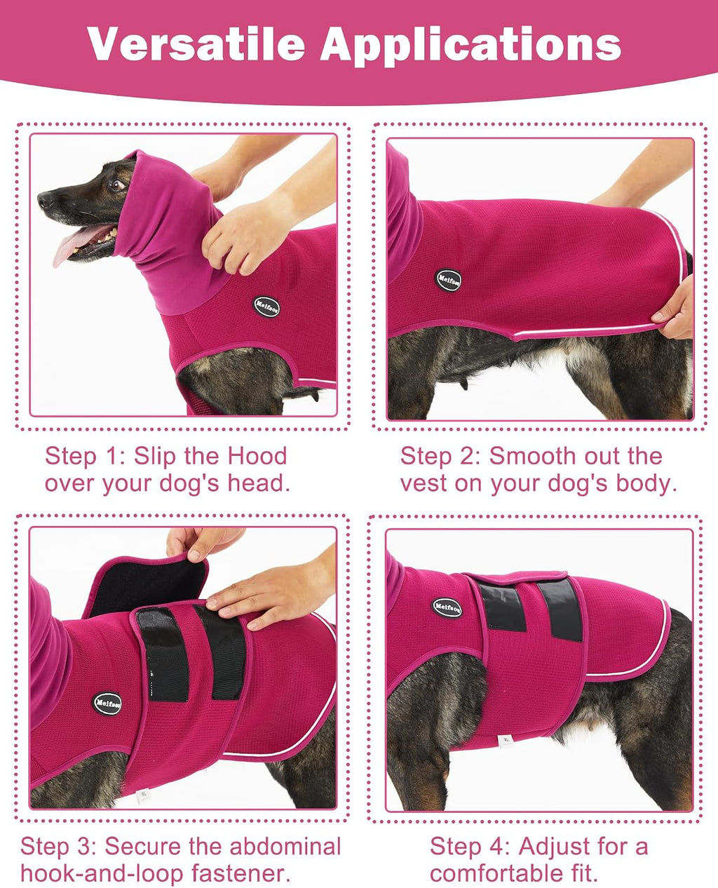 Side profile of medium dog in purple anxiety vest