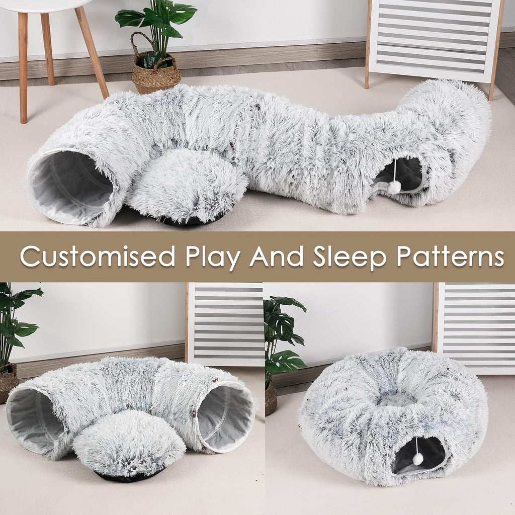 Cat Tunnel Bed for Indoor Cats, Peekaboo Cat Cave with Washable Soft Play Mat, Furry Cat Tube, for Kitten/Puppy/Rabbit, Grey - Image 9