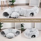Cat Tunnel Bed for Indoor Cats, Peekaboo Cat Cave with Washable Soft Play Mat, Furry Cat Tube, for Kitten/Puppy/Rabbit, Grey - Image 9