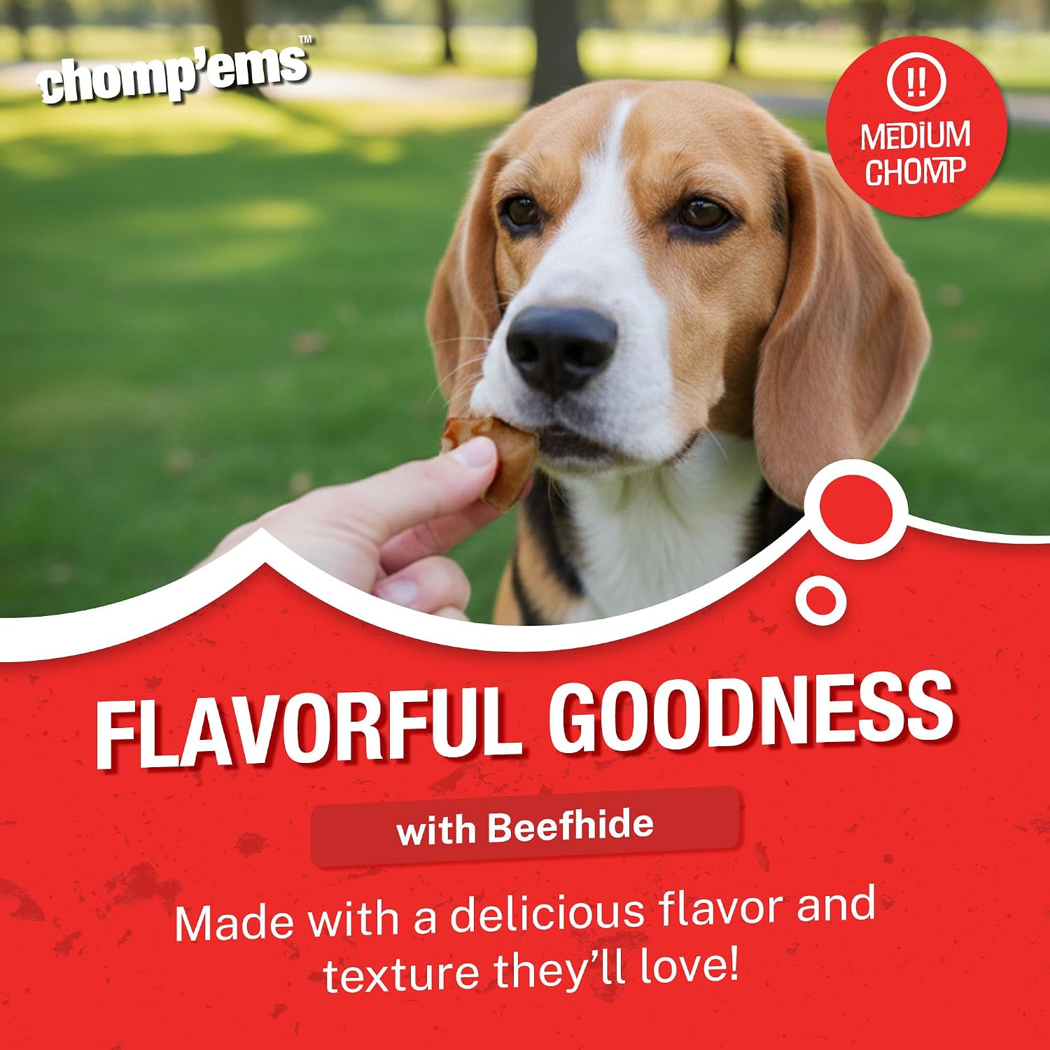 Back packaging of Chomp 'Ems premium beefhide chips with ingredient list and feeding guide