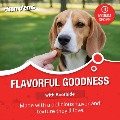 Back packaging of Chomp 'Ems premium beefhide chips with ingredient list and feeding guide