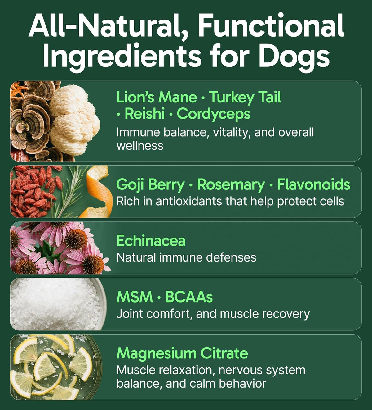 All natural mushroom powder for dog health showing ingredients panel