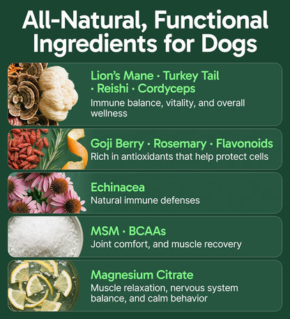 All natural mushroom powder for dog health showing ingredients panel