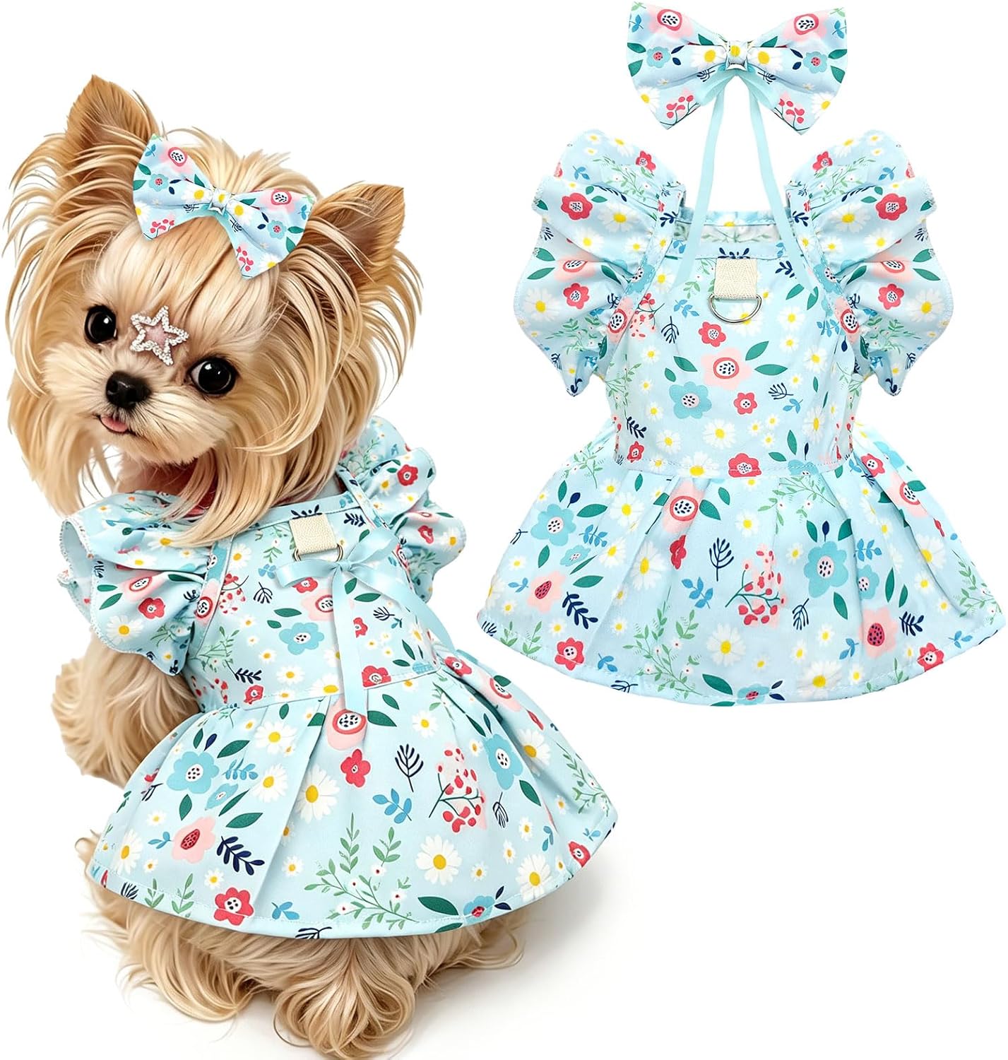 ABRRLO Cute Floral Small Dog Cat Harness Dress Outfits with Bow & Leash D-Ring,Soft Breathable Summer Ruffle Puppy Clothes Girl,3-Way Styling Female Dog Clothes for Chihuahua Yorkie Maltese(Coral,XS) - Image 9