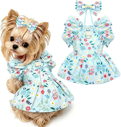 ABRRLO Cute Floral Small Dog Cat Harness Dress Outfits with Bow & Leash D-Ring,Soft Breathable Summer Ruffle Puppy Clothes Girl,3-Way Styling Female Dog Clothes for Chihuahua Yorkie Maltese(Coral,XS) - Image 9