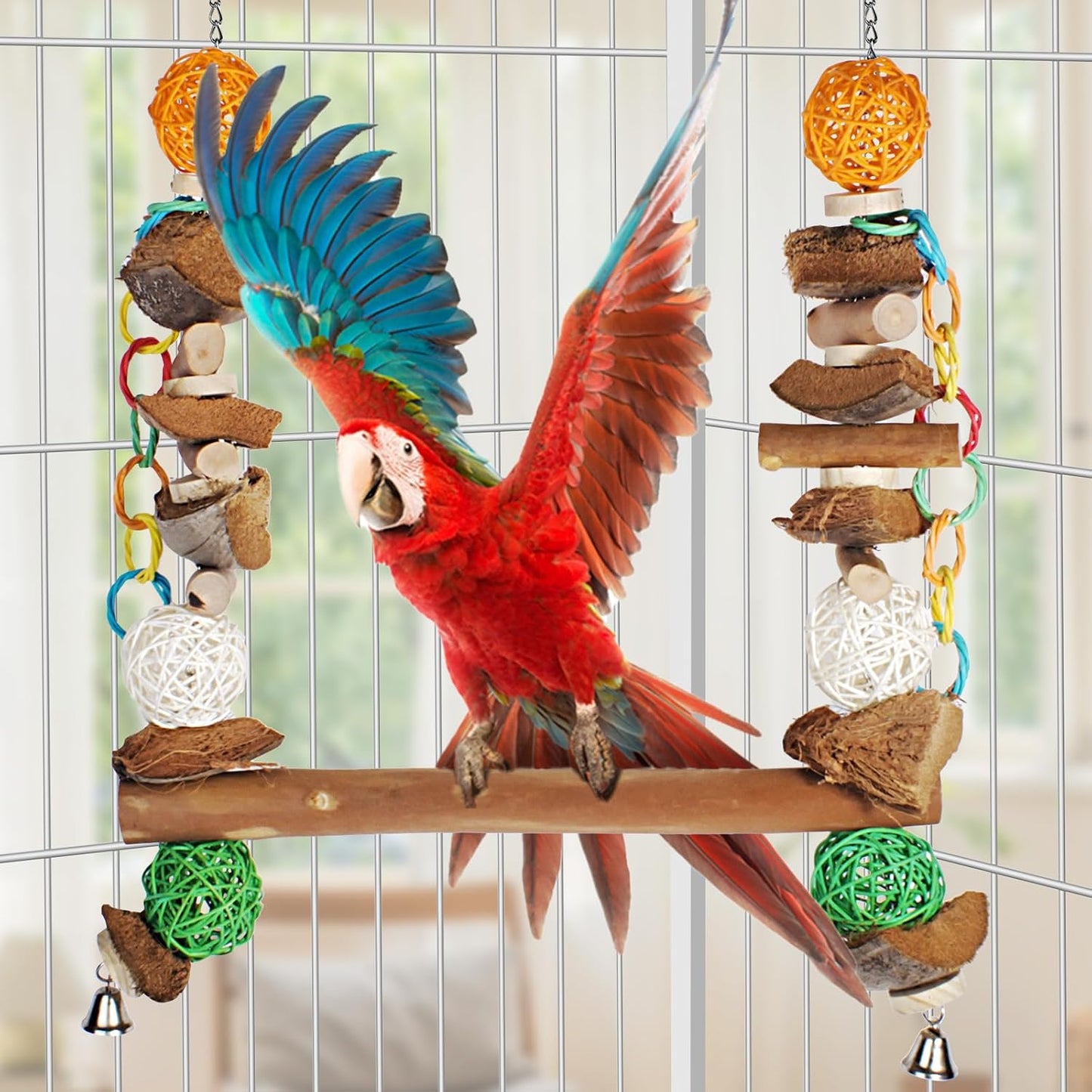 Durable birdcage makeover kit featuring hammock swing and perch attachment for enrichment.