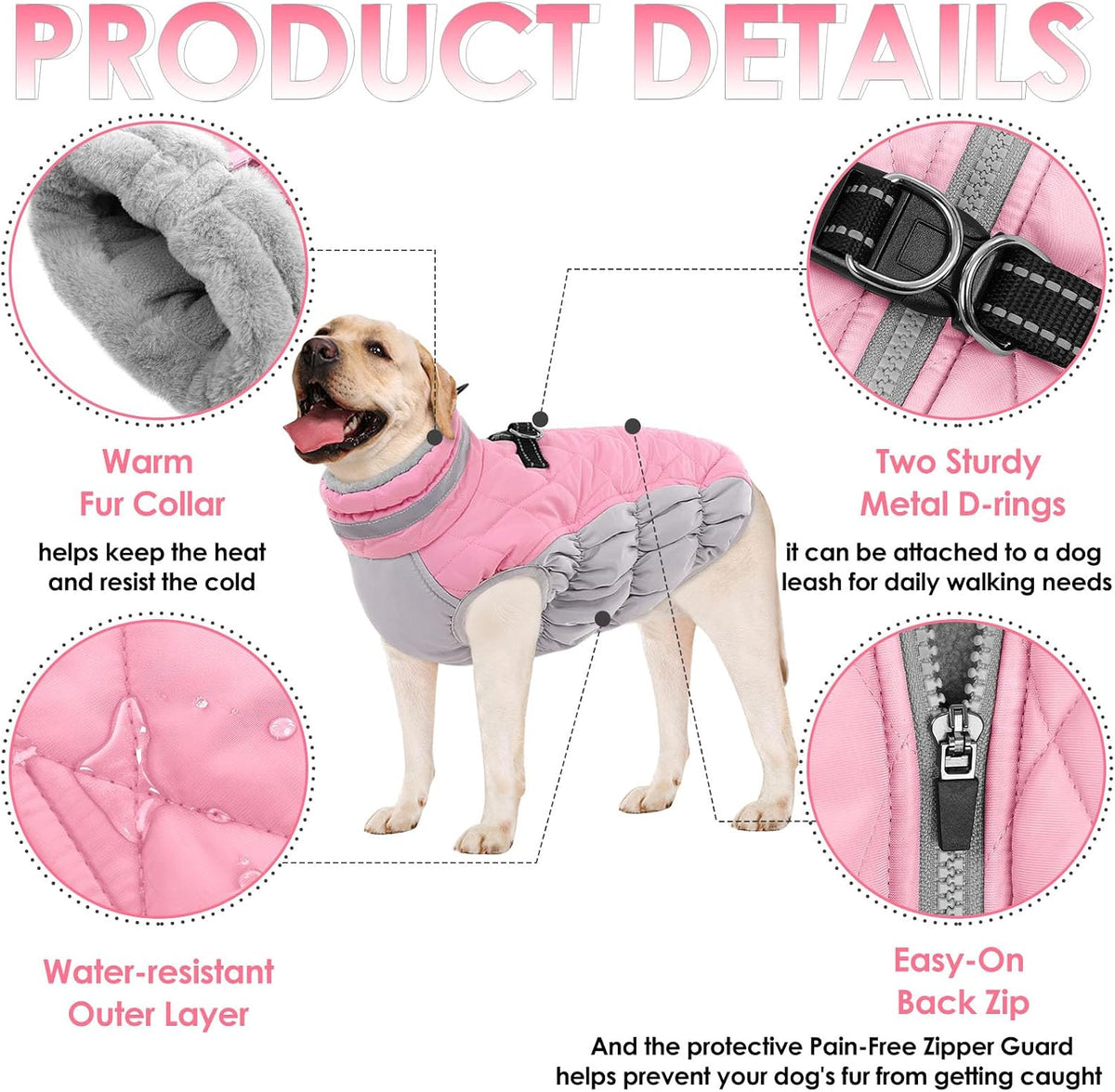 Close up of Aofitee dog coat zipper and fur guard