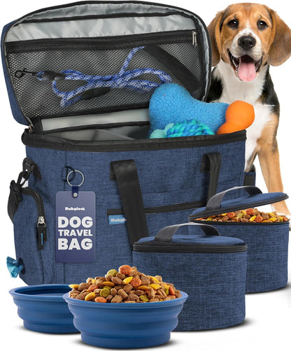 Water resistant beige dog travel bag packed for an outdoor camping trip