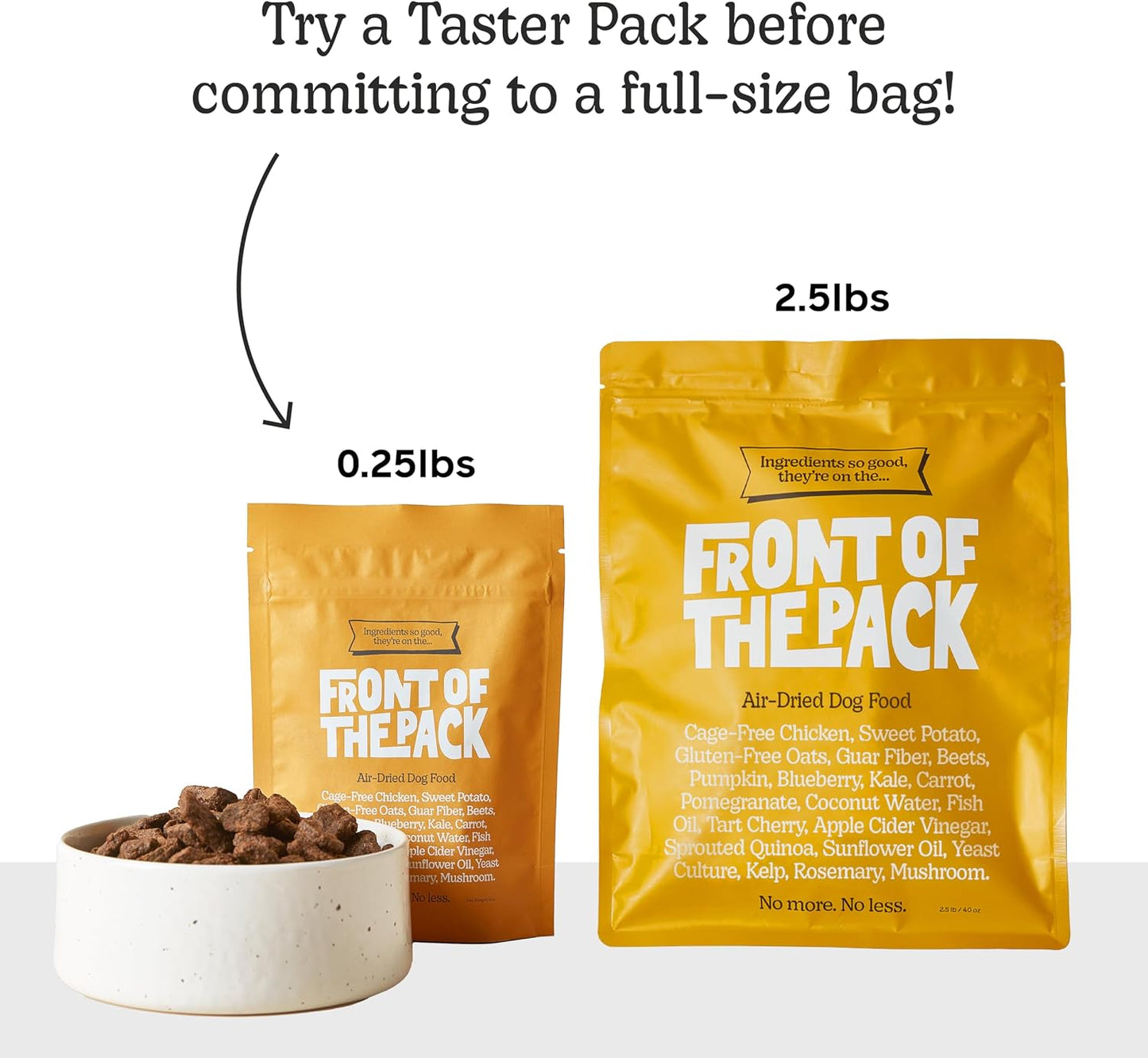 Front Of The Pack limited ingredient premium pet food sample bag for dogs