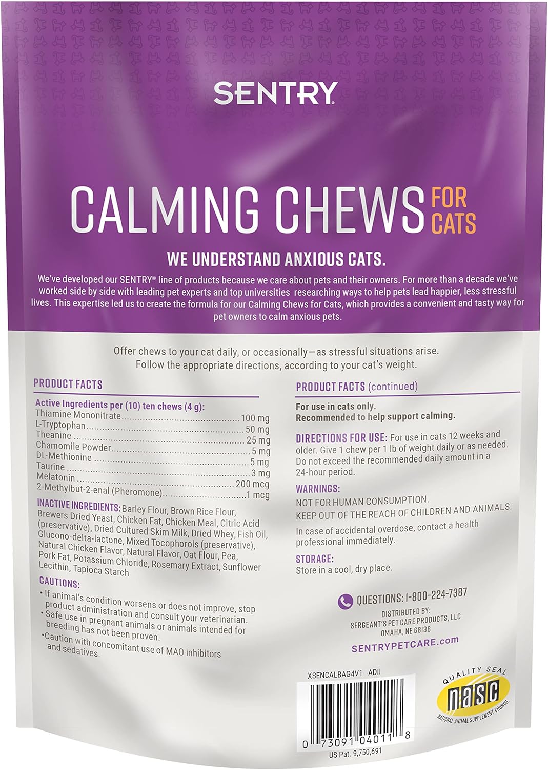 Sentry Calming treats for felines with dual texture crunchy outside and creamy inside
