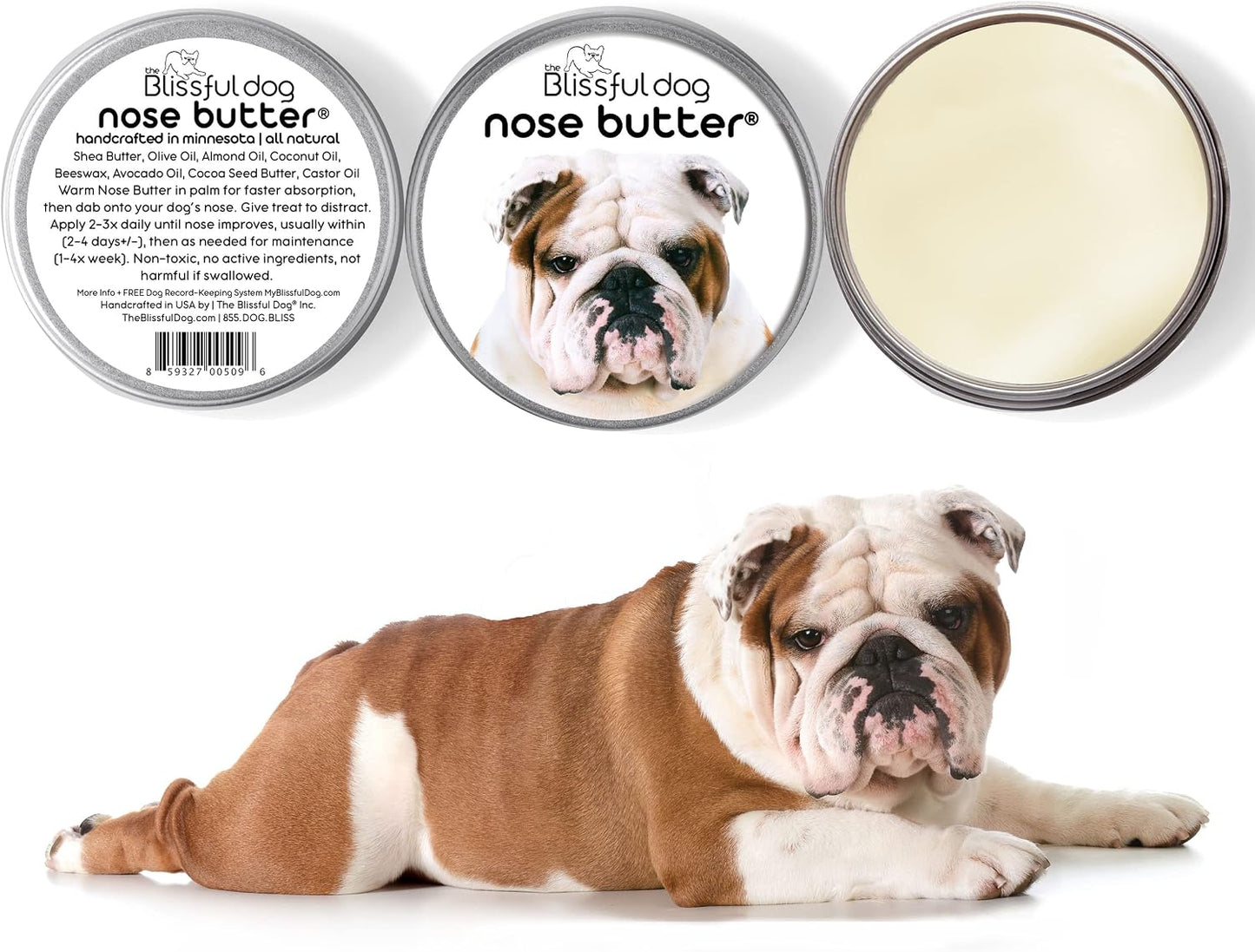 Handcrafted unscented dog nose balm packaging showcasing all-natural ingredients.