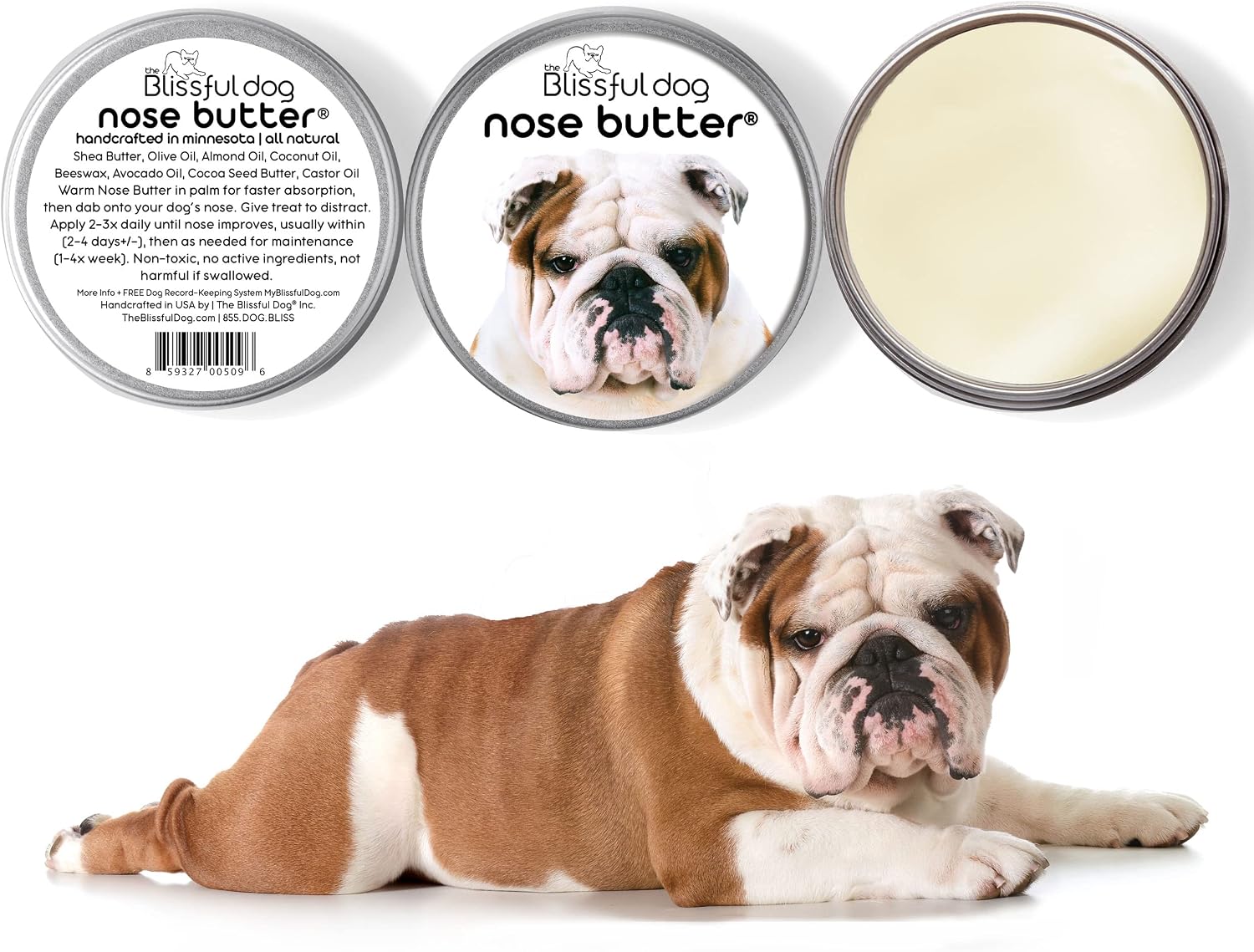 Handcrafted unscented dog nose balm packaging showcasing all-natural ingredients.