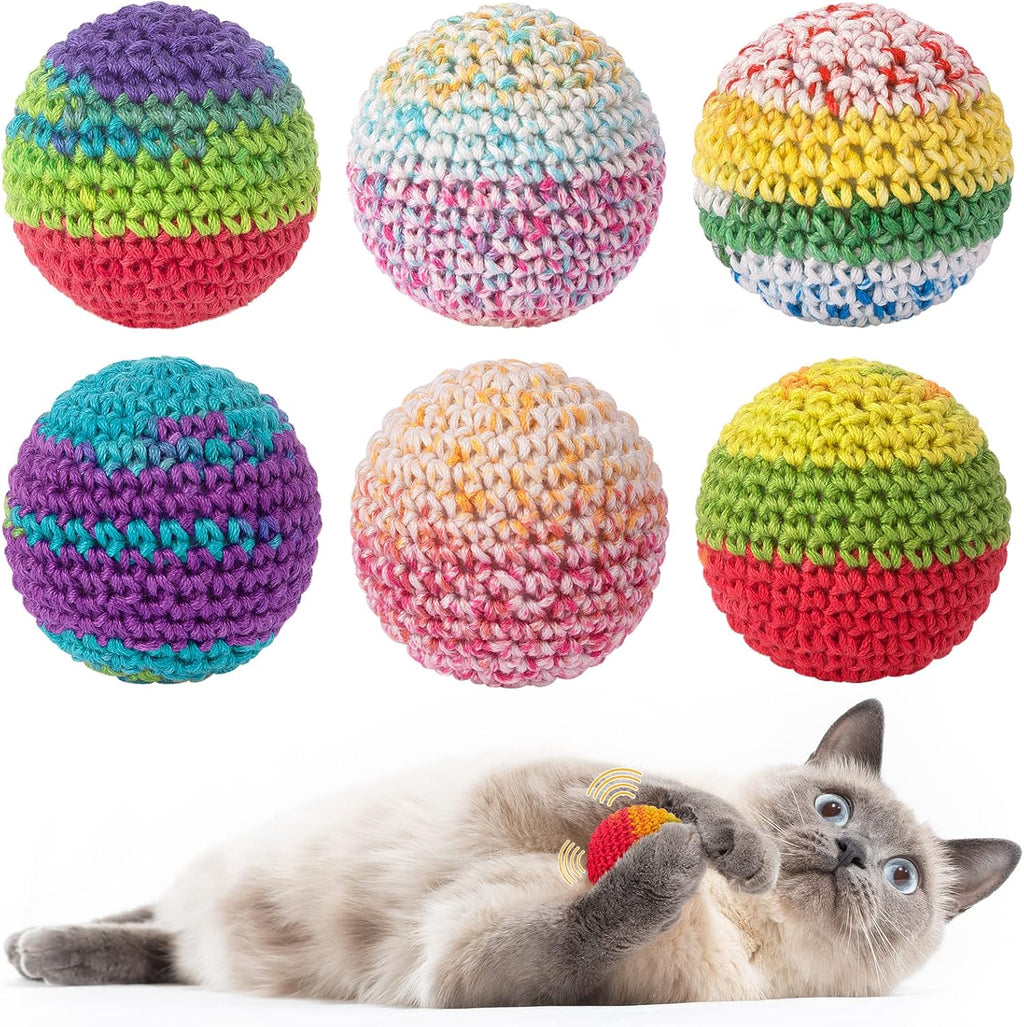 Retro Shaw woolen yarn cat toy balls six pack front view featuring colorful handmade crochet balls.