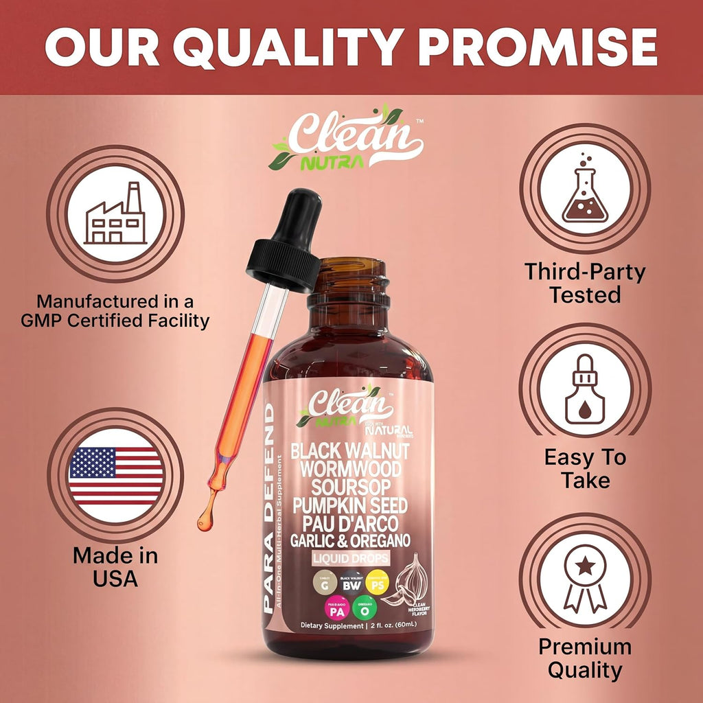 para Defend Wormwood Black Walnut Cleanse for Humans Drops Liquid Soursop Garlic Pumpkin Seed PAU D'Arco Oil of Oregano Turmeric Berberine Neem Extract Hull Bark Tincture by Clean Nutra - Image 8