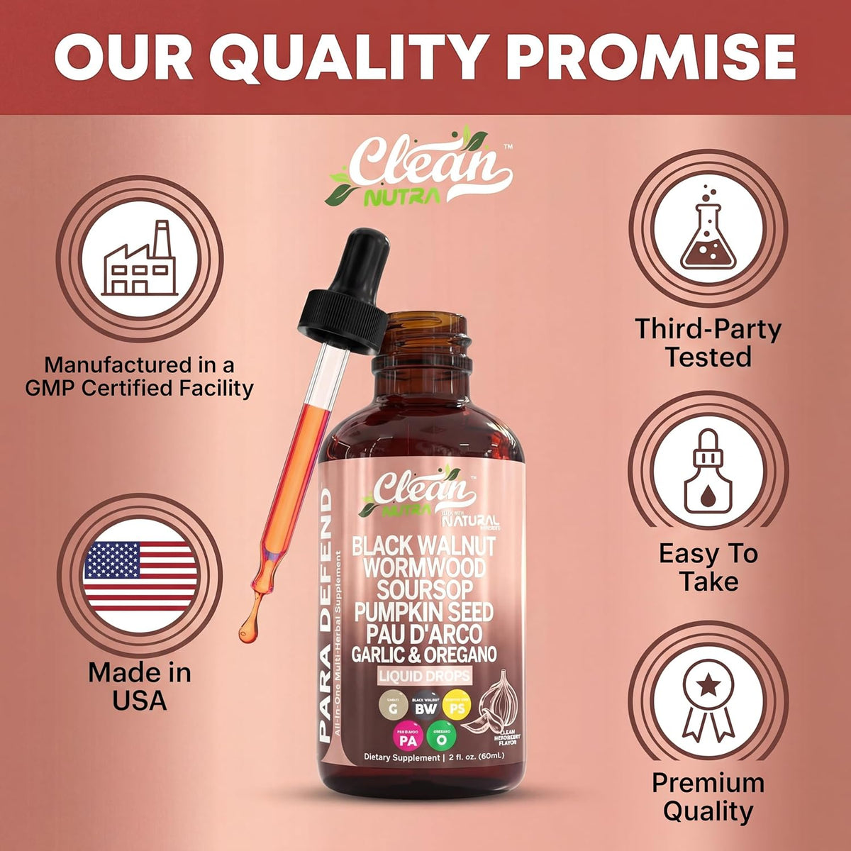 para Defend Wormwood Black Walnut Cleanse for Humans Drops Liquid Soursop Garlic Pumpkin Seed PAU D'Arco Oil of Oregano Turmeric Berberine Neem Extract Hull Bark Tincture by Clean Nutra - Image 8