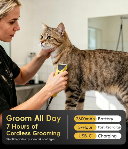 Yellow and black cordless pet clipper kit with 420J2 stainless steel blade attachments