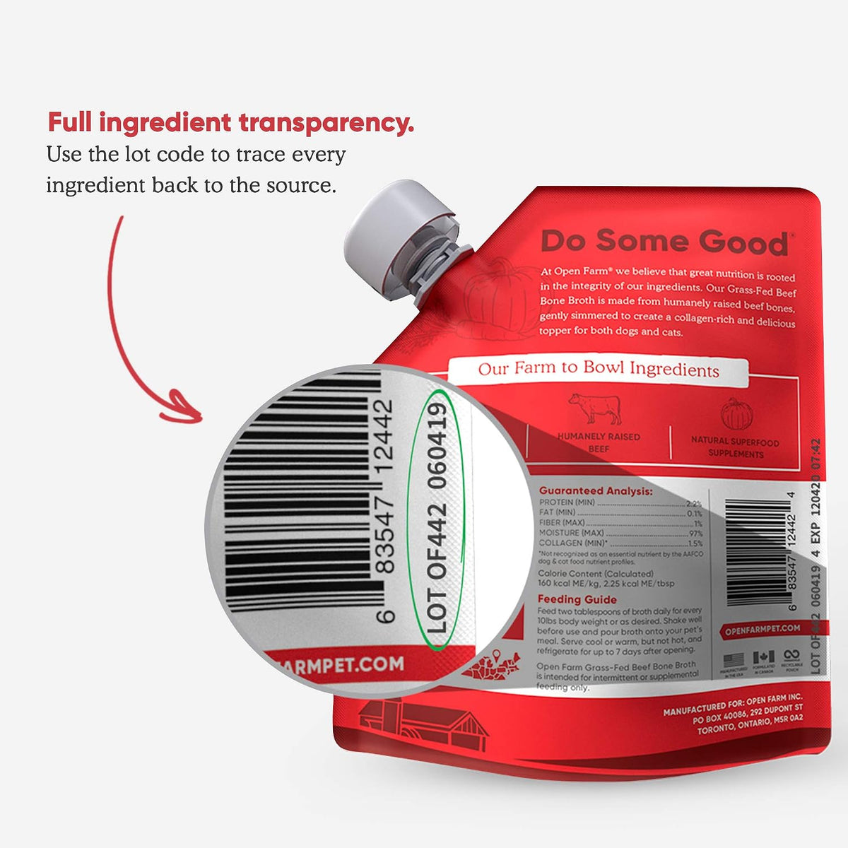 Open Farm beef bone broth ingredient label and resealable spout