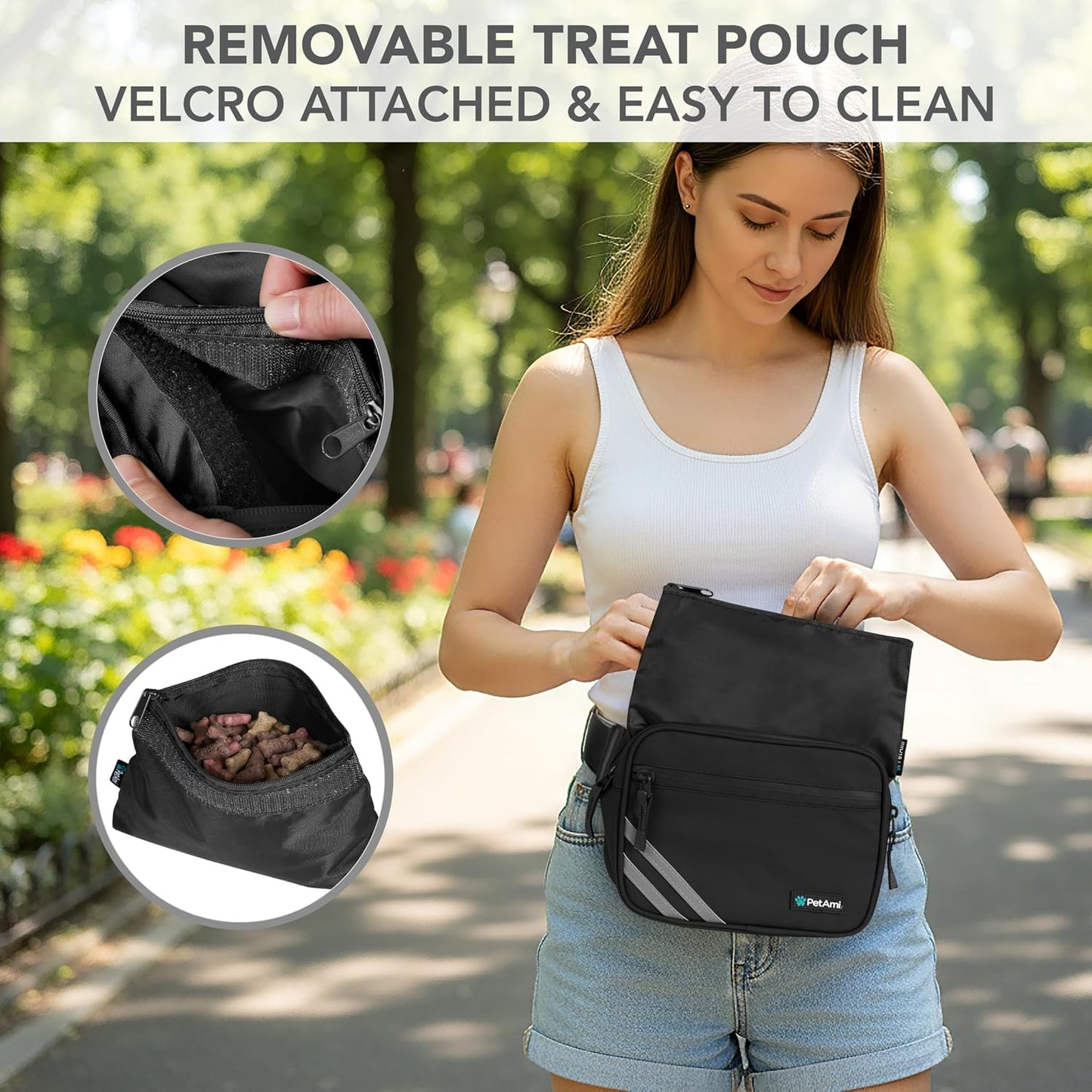 PetAmi waist belt bag showing interior zippered compartments