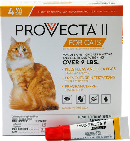 Provecta II flea prevention for cats weighing over nine pounds side angle view of four month supply box.