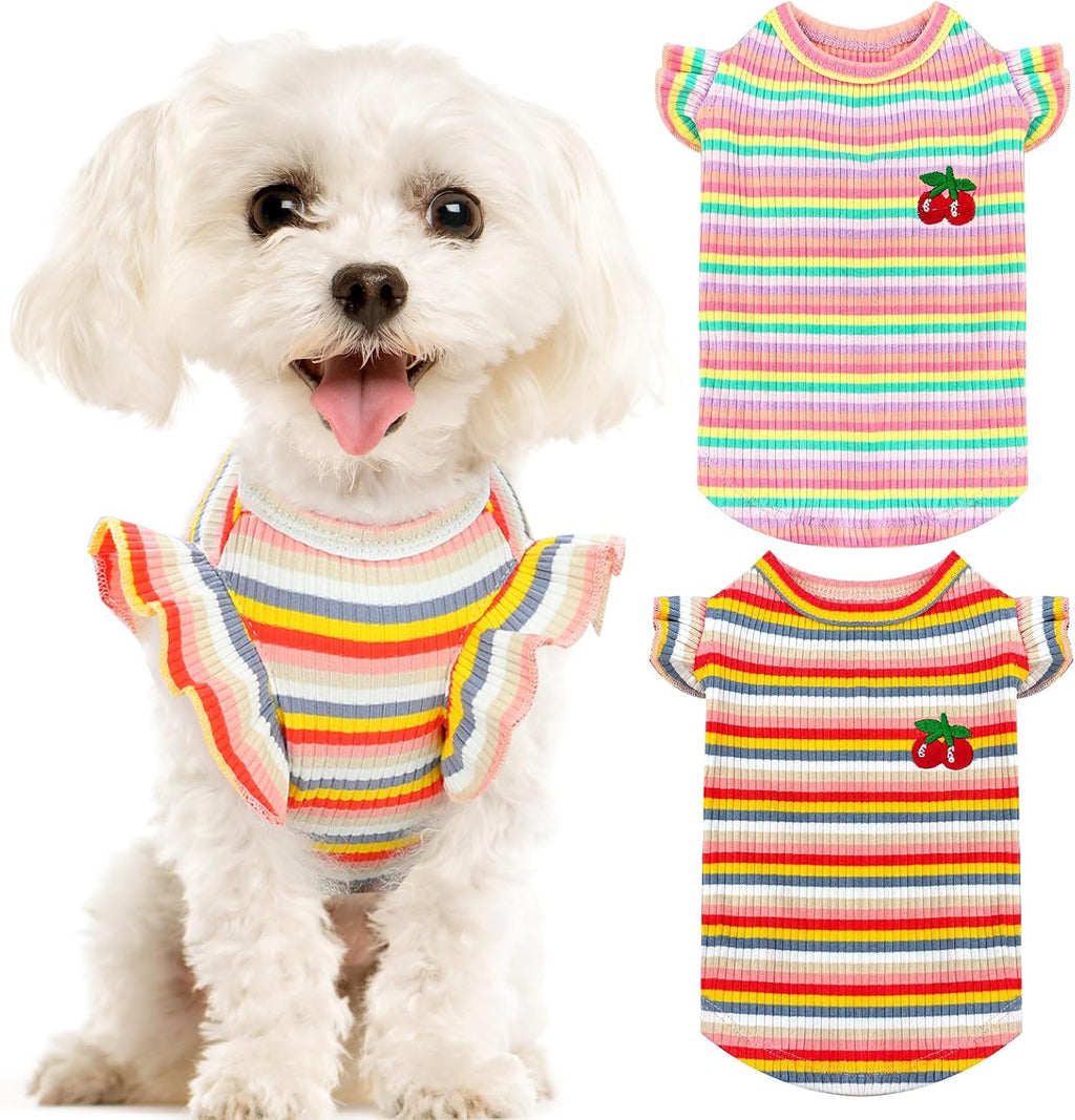 Rear view of puppy in Xgdmeil stretchable striped small dog t-shirt