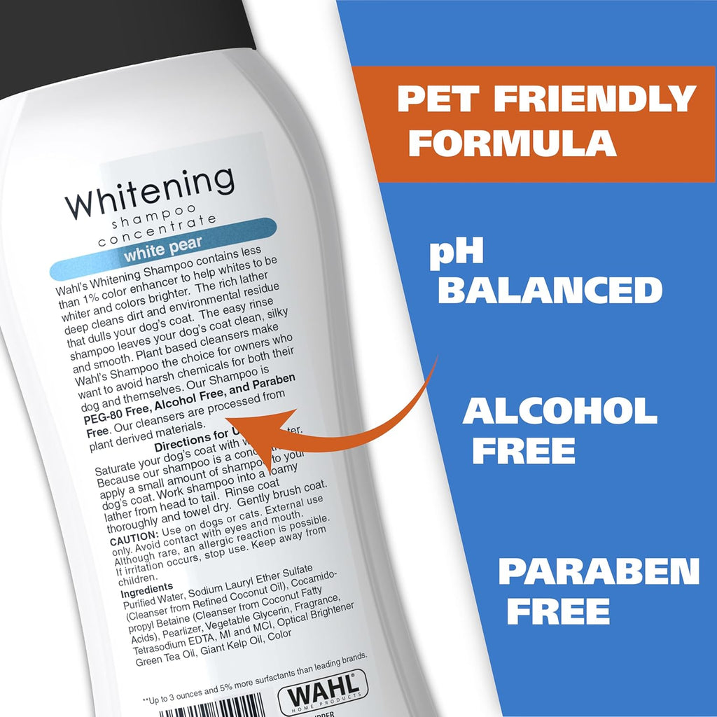 Wahl whitening pet shampoo bottle with pear branding