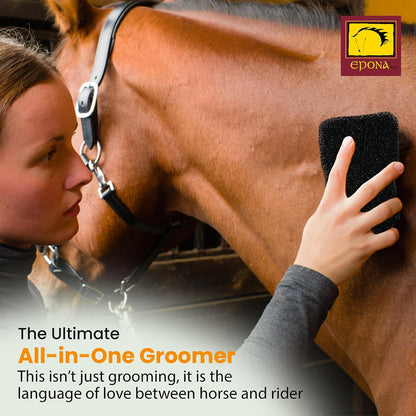 Epona 3-in-1 equestrian grooming tool cleaning white leg markings on a horse.