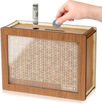 CVLDM 10000 savings challenge box front view showing the wooden construction and numbered tracking grid.