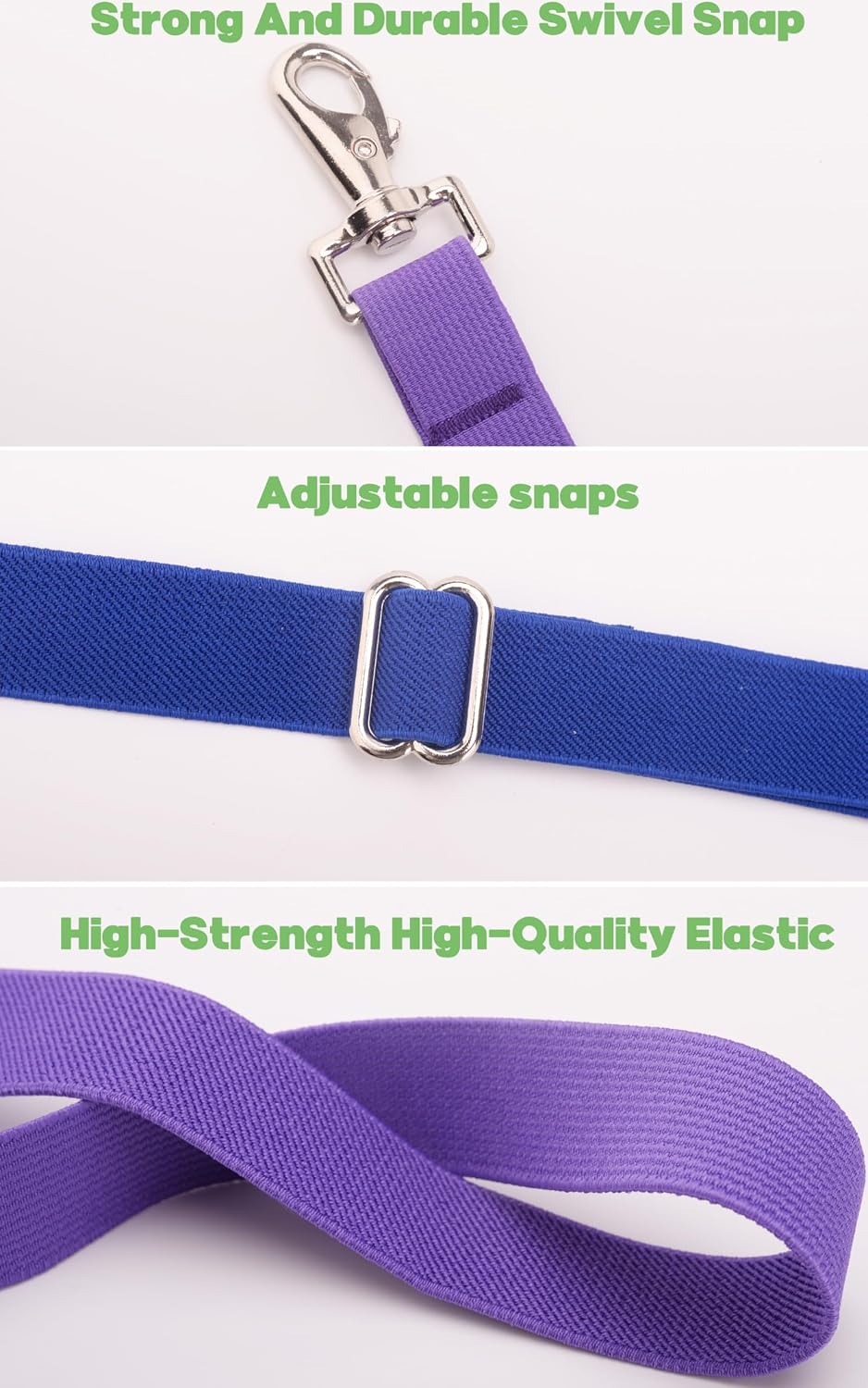 Six pack of multicolor equestrian blanket straps in black blue and purple