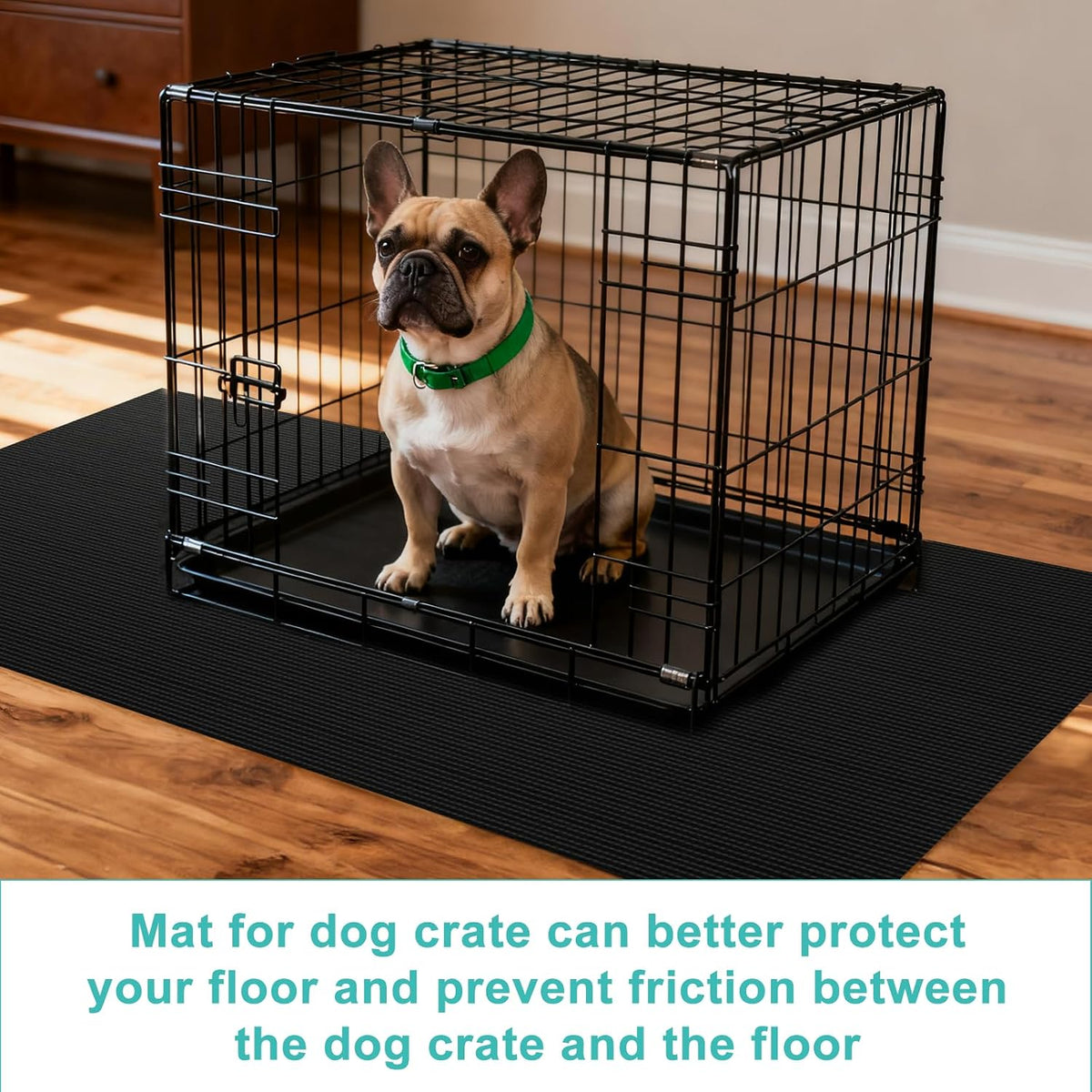 Wiojtry waterproof floor mat placed under a dog crate