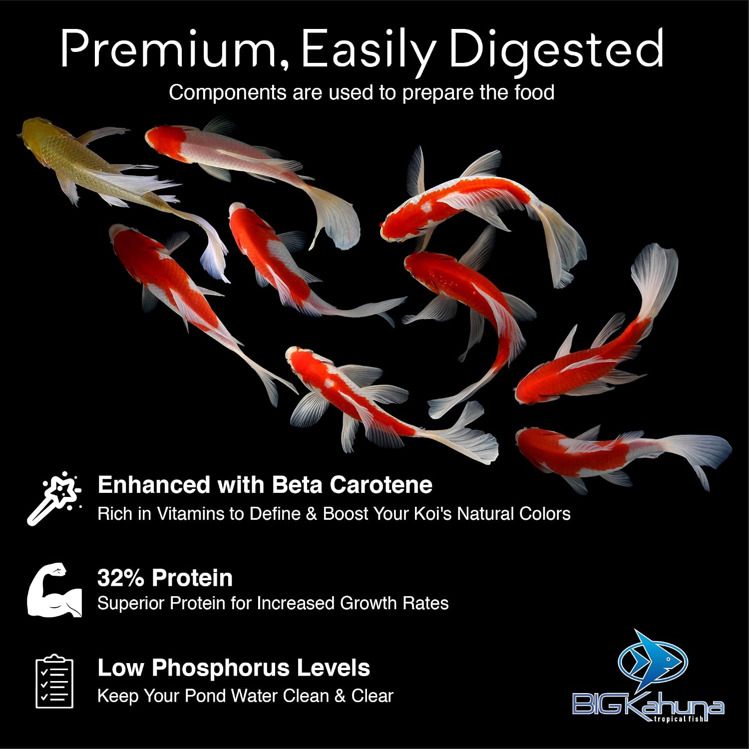 Big Kahuna premium high protein fish diet floating pellets floating on pond surface