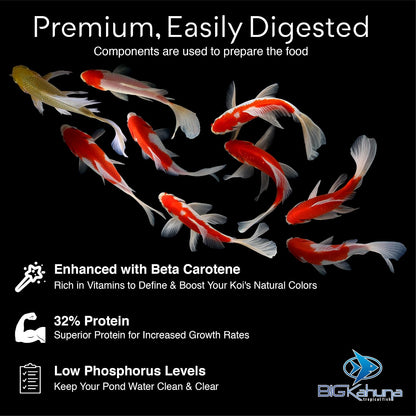 Big Kahuna premium high protein fish diet floating pellets floating on pond surface
