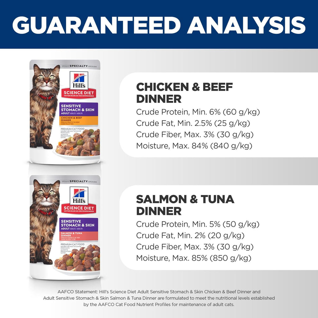 Hill's Science Diet Adult Sensitive Stomach & Skin Wet Cat Food Variety Pack, Chicken & Beef, Salmon & Tuna, 2.8 oz. Pouches, 12-Pack - Image 10