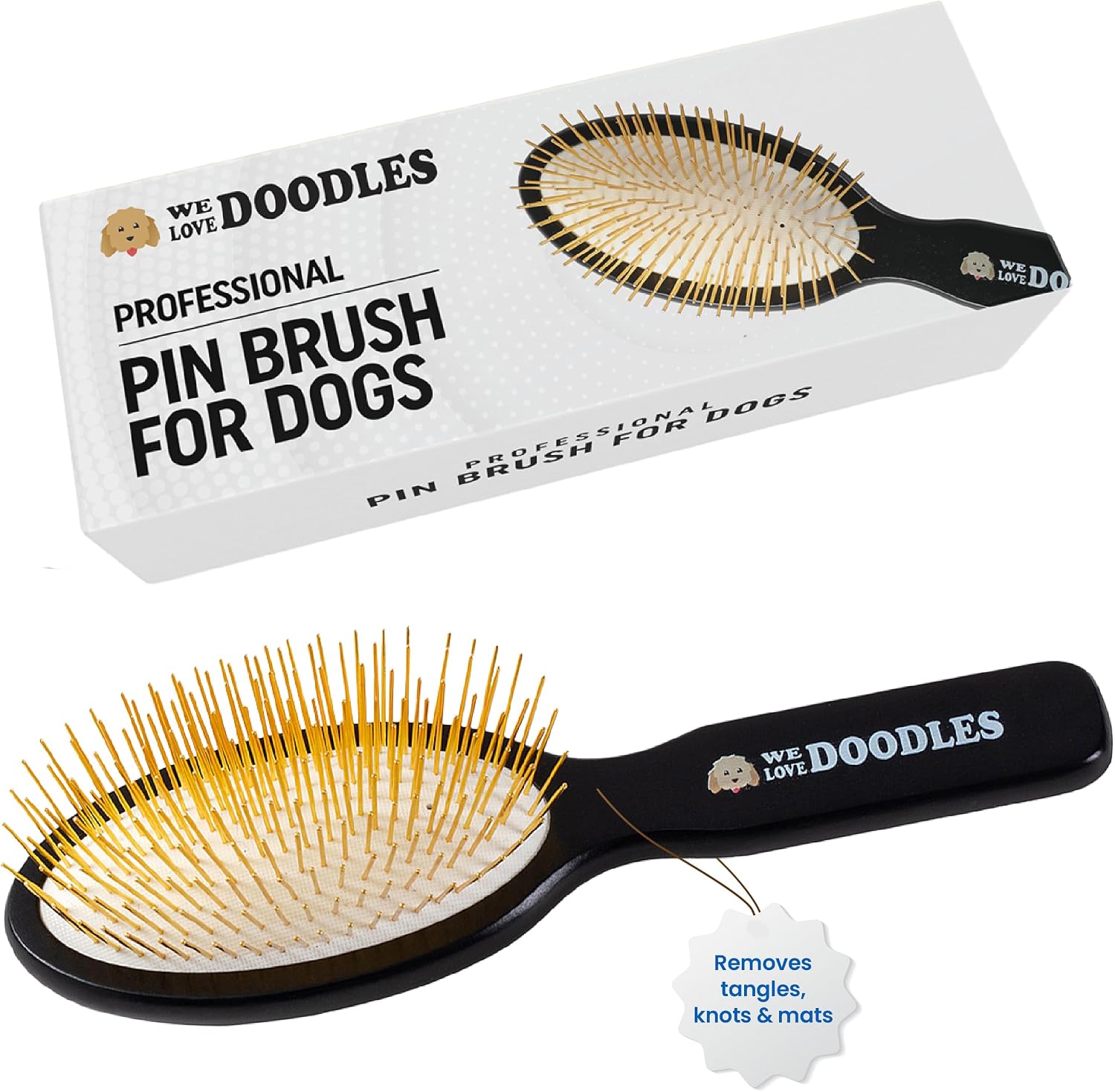 We Love Doodles dog pin brush front view showing gold plated pins for premium pet grooming.