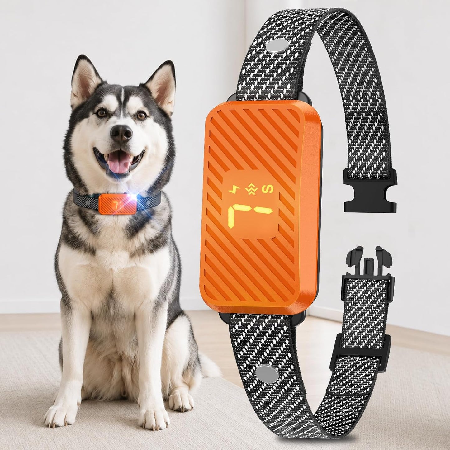 KJKZO smart dog bark collar front view in neon orange
