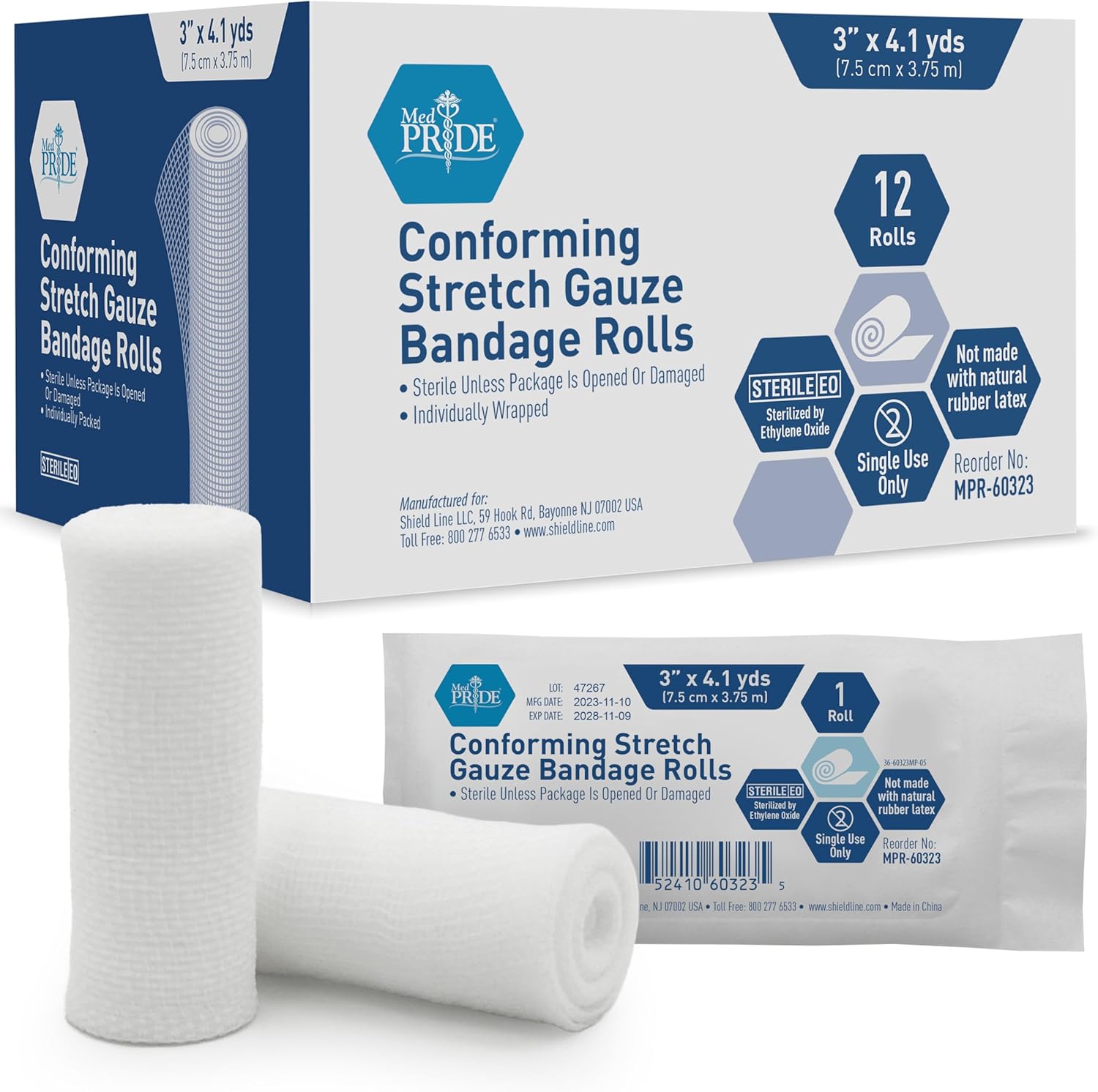 Med Pride Conforming Stretch Gauze Bandages twelve rolls front view box for medical first aid kit.