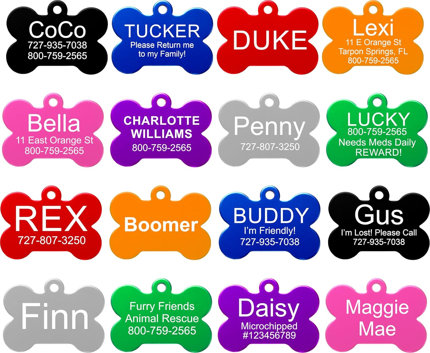 Providence Engraving custom pet ID tags front view showing personalized laser engraving on bone shape