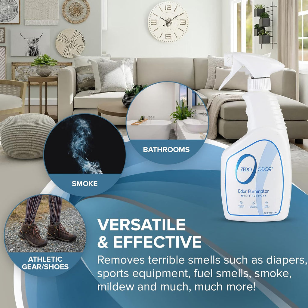 Non toxic household odor destroyer spray bottle back label with directions for use.