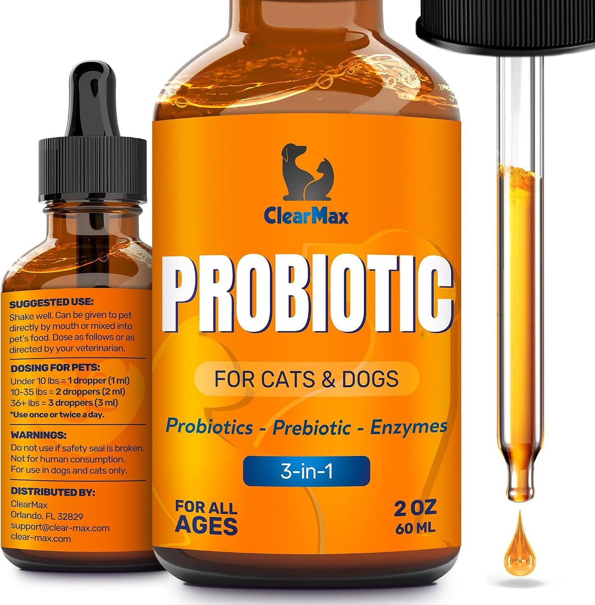 Clear Max Liquid Probiotics for dogs and cats front view of 2 ounce bottle