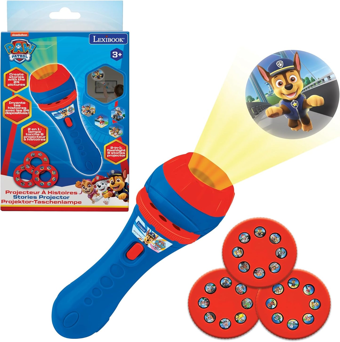 Lexibook Paw Patrol stories projector front view displaying blue and red flashlight body