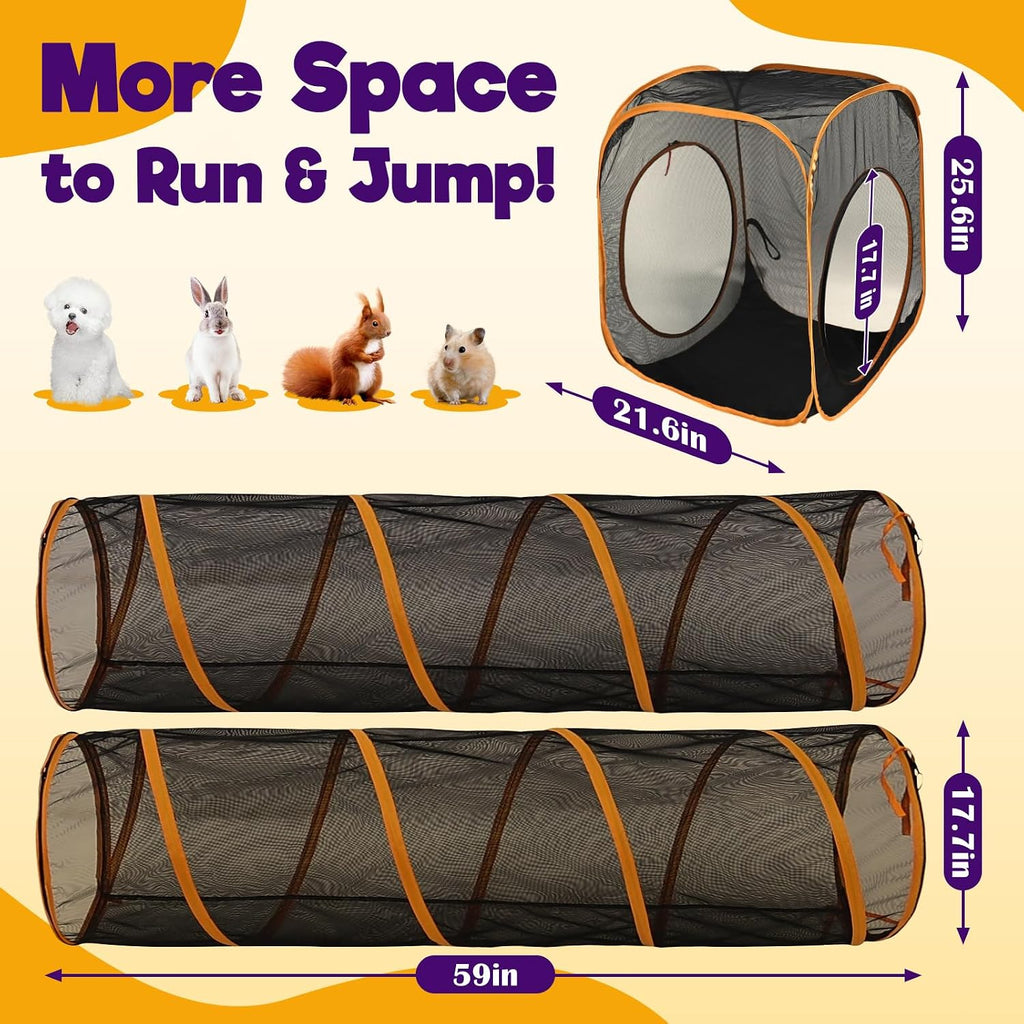 Rywell ten foot pet playpen folded down next to its compact black carry bag.