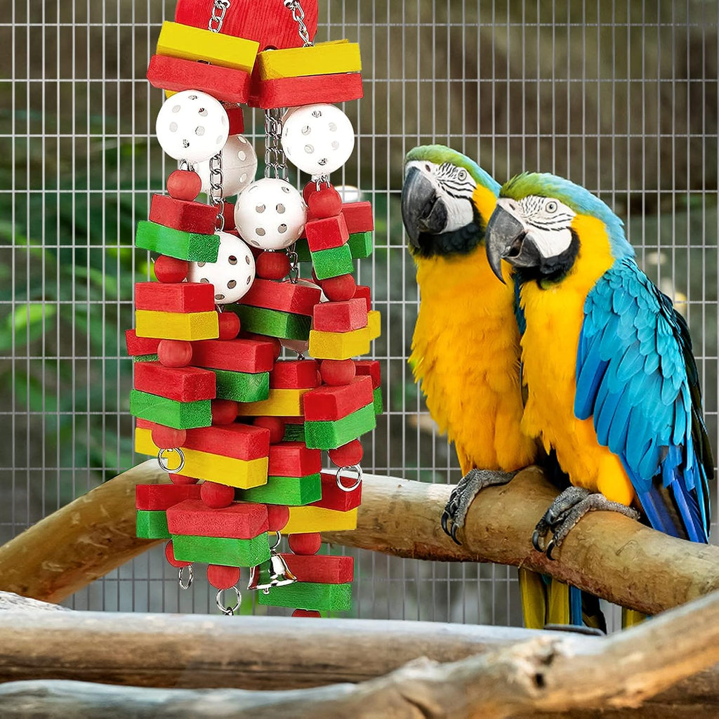 Close up of Mewtogo parrot toy colorful wooden blocks and bells