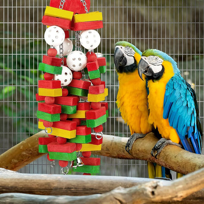 Close up of the colorful non toxic wooden blocks on the MEWTOGO parrot chewing toy.