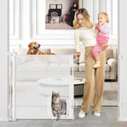 Betertek retractable baby gate with cat door front view installed in doorway.