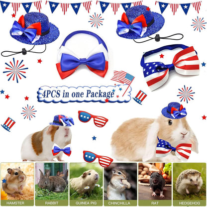 Side view of the patriotic small pet outfit set featuring two glitter bowler hats and two adjustable stars and stripes collars.