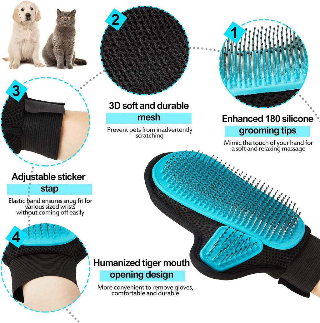 Blue pet deshedding massage mitt for cats and dogs