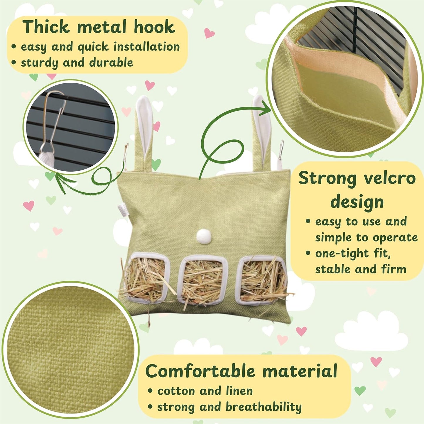 Cute Hanging Rabbit Hay Feeder Bag, Guinea Pig Hay Bag, Bunny Feeders Holder Storage For Small Pets Bunnies Chinchilla Hamster Rats, Guinea Pig Accessories For Cage, Bunny Accessories For Cage (Green) - Image 2