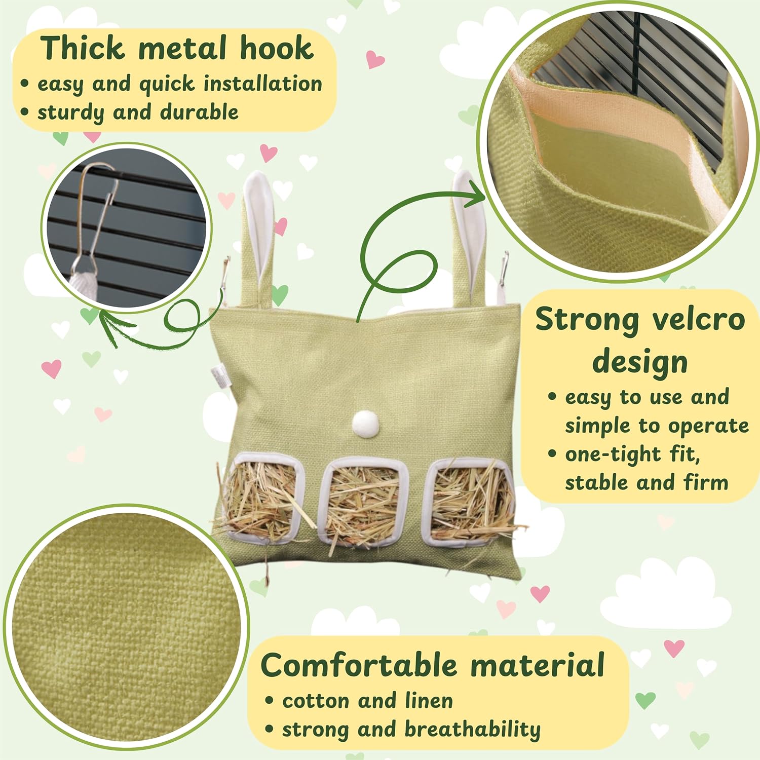 Cute Hanging Rabbit Hay Feeder Bag, Guinea Pig Hay Bag, Bunny Feeders Holder Storage For Small Pets Bunnies Chinchilla Hamster Rats, Guinea Pig Accessories For Cage, Bunny Accessories For Cage (Green) - Image 2