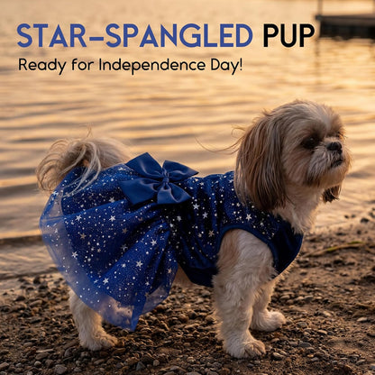 Side view of navy star dog outfit with layered tutu skirt