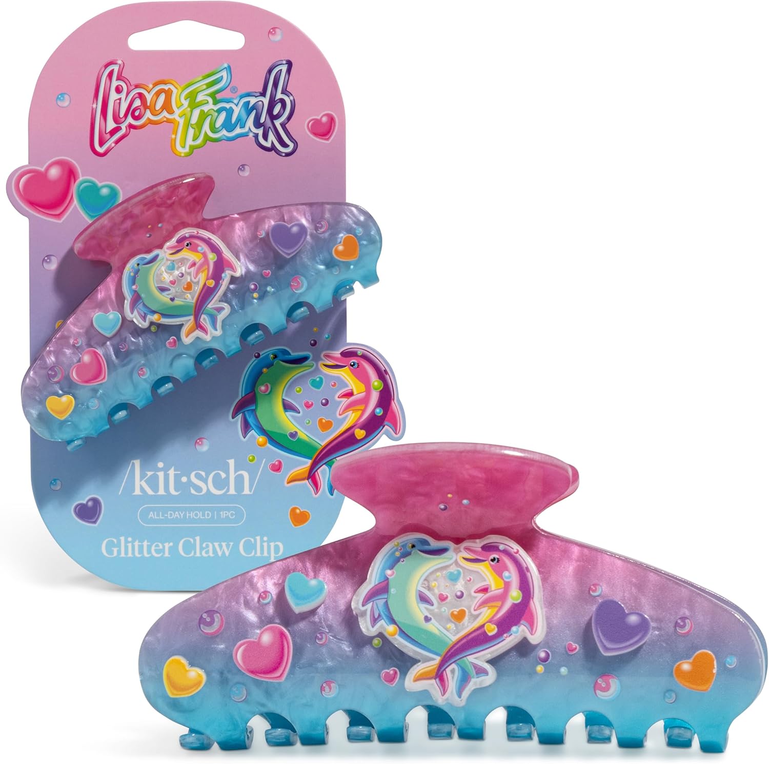 Kitsch Lisa Frank Dancing Dolphins glitter claw clip front view showcasing pink and blue gradient